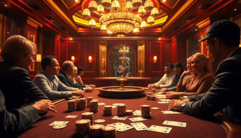 Players at a poker table in a luxury casino featuring strategies from https://www.6rwin55.com/.