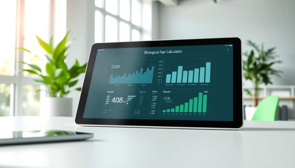 Calculate your biological age calculator with a modern device in a bright office environment