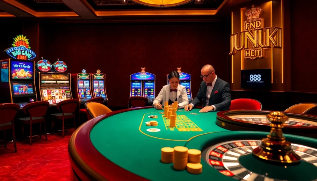 Jun88 casino scene featuring an exciting poker game with vibrant slot machines in the background.