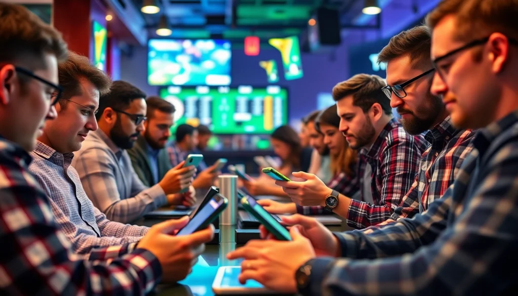 Engaged users exploring online sportsbooks California through smartphones and laptops in an energetic setting.