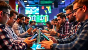 Engaged users exploring online sportsbooks California through smartphones and laptops in an energetic setting.