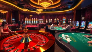 Experience the thrill of gambling at UU88, with players at engaging tables and vibrant slot machines.