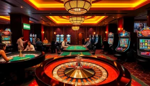 Excited players engaging in high-stakes games at RR88's luxurious casino tables and slot machines.