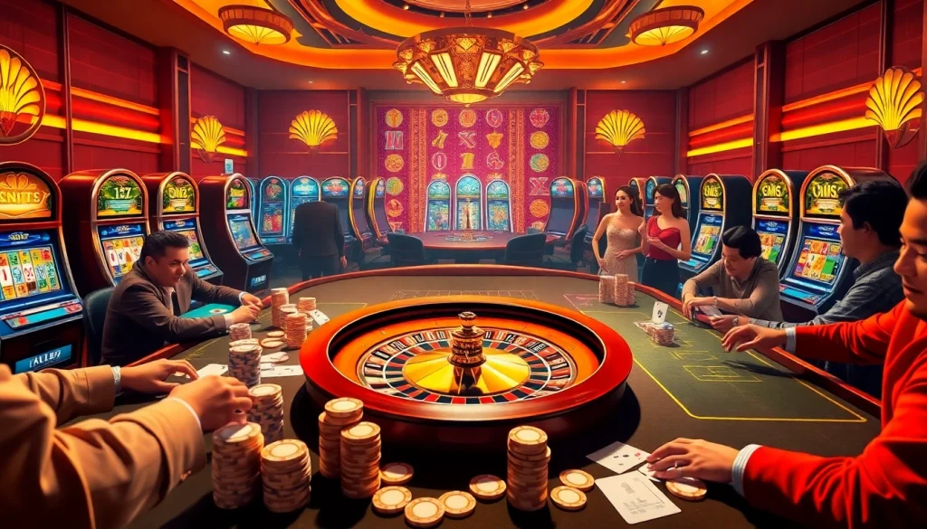 Experience the thrill of nổ hủ with engaging casino activities featuring poker tables and slot machines.