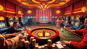 Experience the thrill of nổ hủ with engaging casino activities featuring poker tables and slot machines.