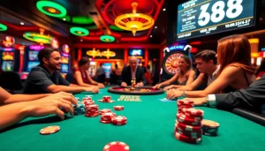 Experience a high-stakes game at MM88 with poker chips and roulette wheel in vibrant casino ambiance.