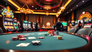 Gamblers strategizing at a luxury online casino table with chips, cards, and digital interfaces at https://lc88comm.com/