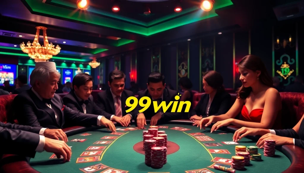Players enjoying an intense poker game at 99win casino with vibrant chips and cards.