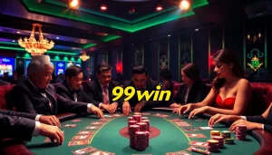Players enjoying an intense poker game at 99win casino with vibrant chips and cards.