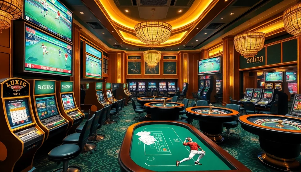 Experience thrilling sports betting at LuongSonTV with dynamic visuals of poker, roulette, and slot machines.