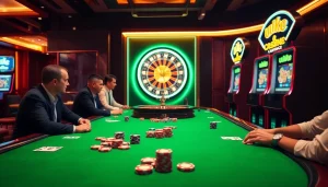 Experience the thrill of luck8 with an engaging poker scene, vibrant chips, and a roulette wheel.