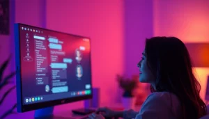 Engaging sex chat AI interaction illustrated with ambient lighting and modern digital interface.