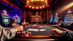 Excited players strategizing in a luxury casino environment at nhà cái u888.