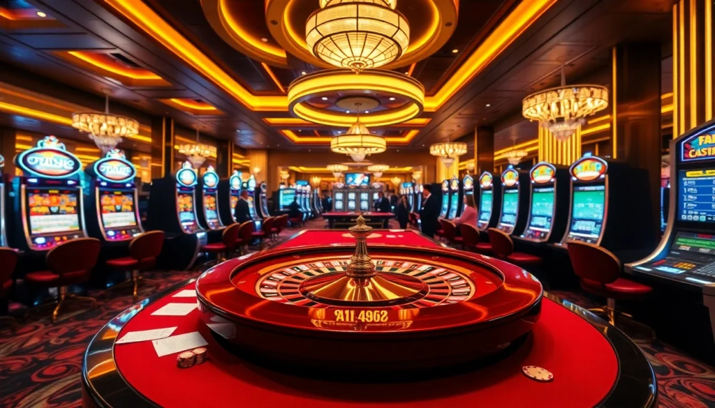 Exciting gambling scene at https://c168.io/ with roulette, slot machines, and poker chips.