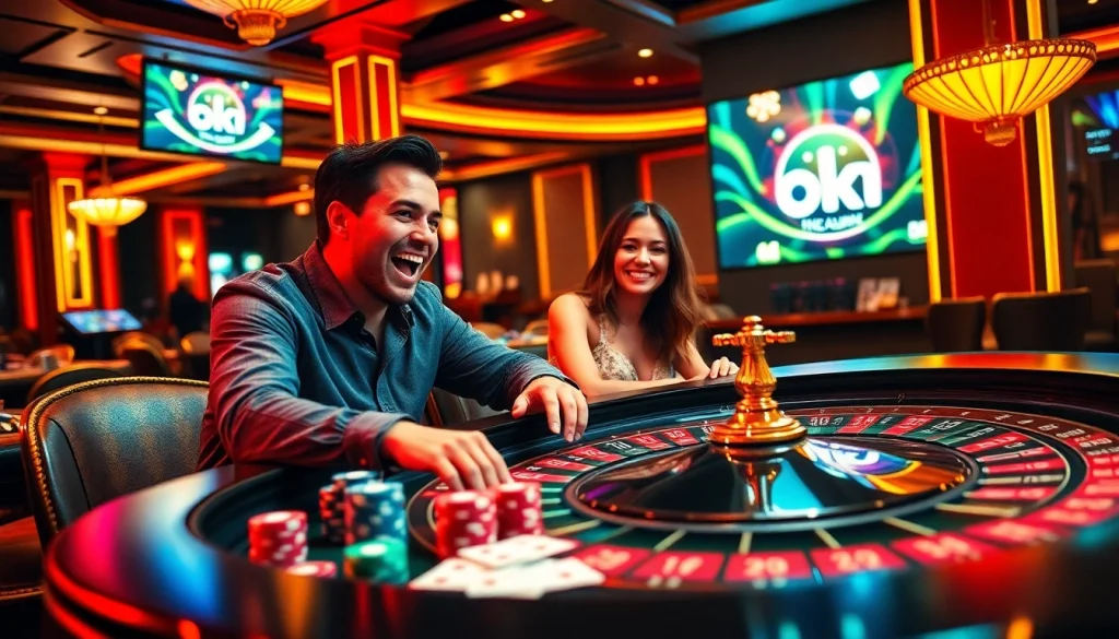 Excited players enjoying the thrill of ok win at a luxurious roulette table in a high-energy casino.