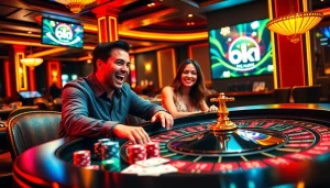 Excited players enjoying the thrill of ok win at a luxurious roulette table in a high-energy casino.
