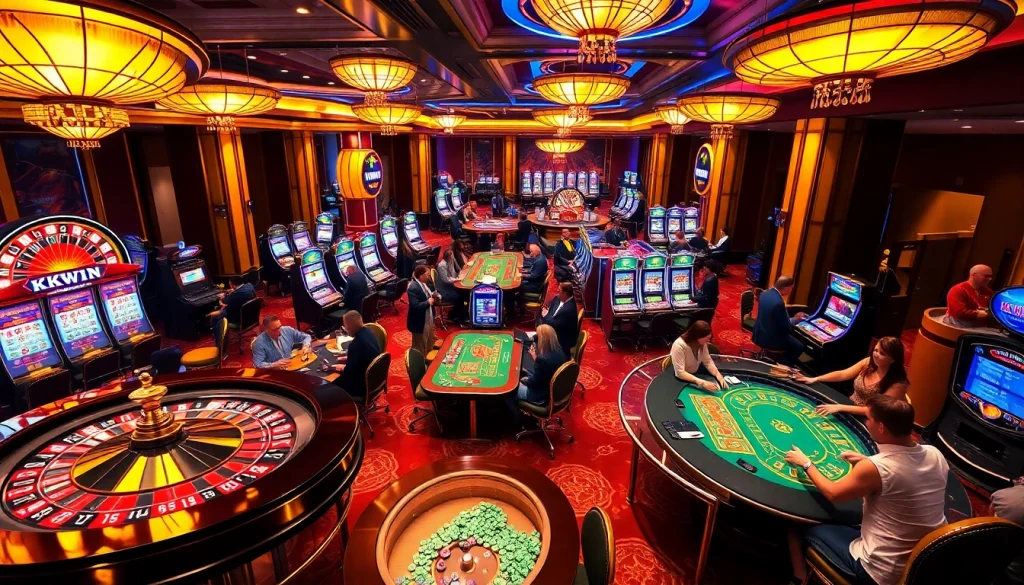 Experience the thrill of kkwin with vibrant casino tables and excited players enjoying their games.