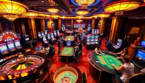 Experience the thrill of kkwin with vibrant casino tables and excited players enjoying their games.