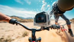 Action camera capturing thrilling outdoor adventure in vibrant landscape.