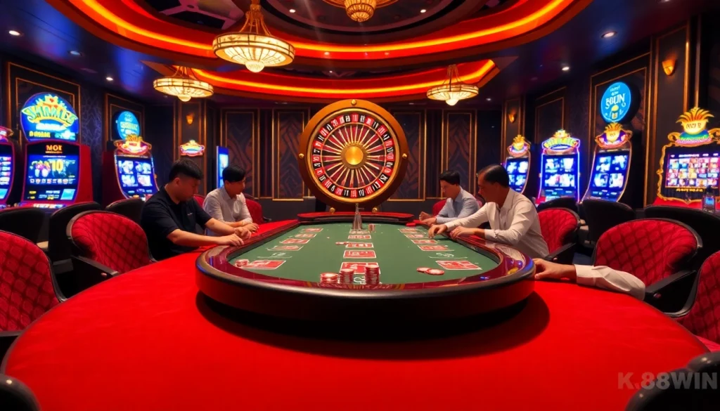 Exciting poker game at k88win with players and colorful chips on a luxurious table.