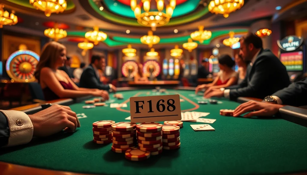 Active gamblers strategizing at a luxurious F168 poker table, with chips and cards, in a vibrant casino setting.