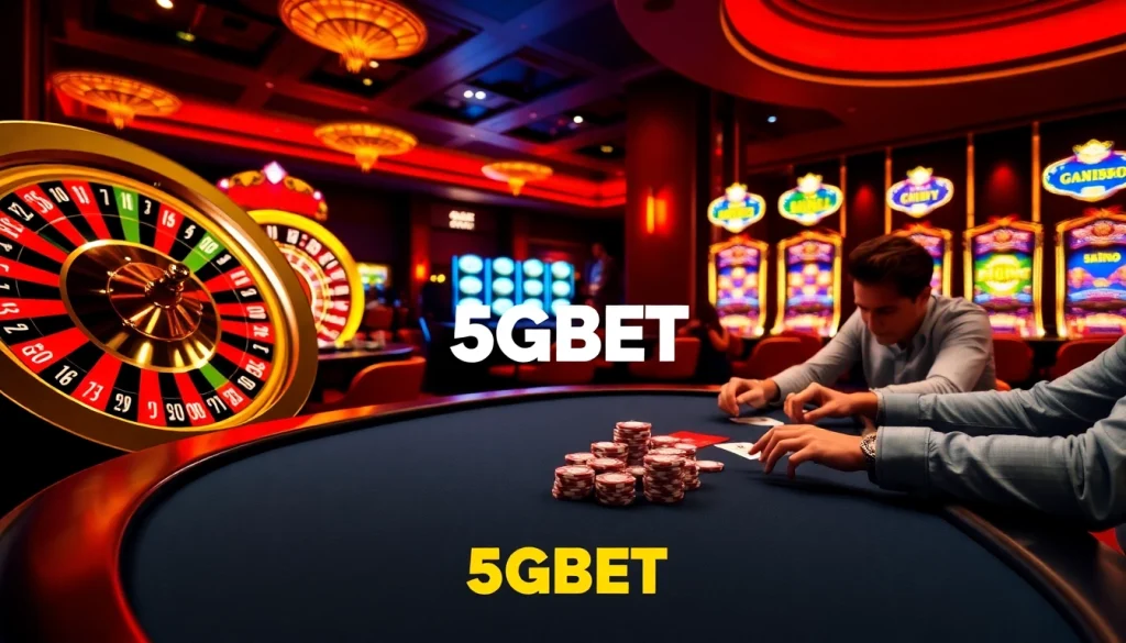 Players engaging in high-stakes poker and roulette at 5GBET casino, showcasing excitement and luxury.