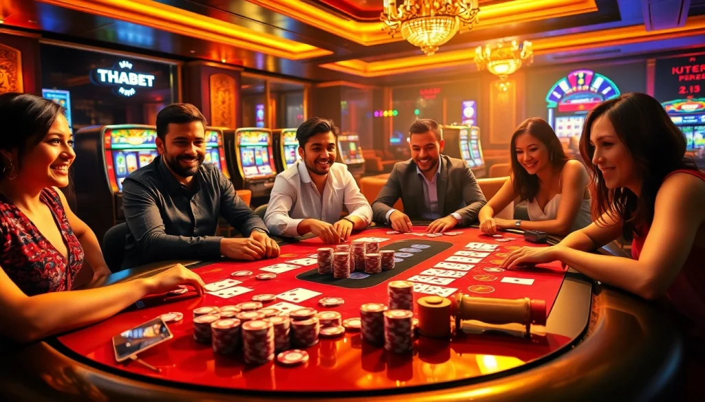 Players winning big at THABET casino with vibrant poker chips and cards.