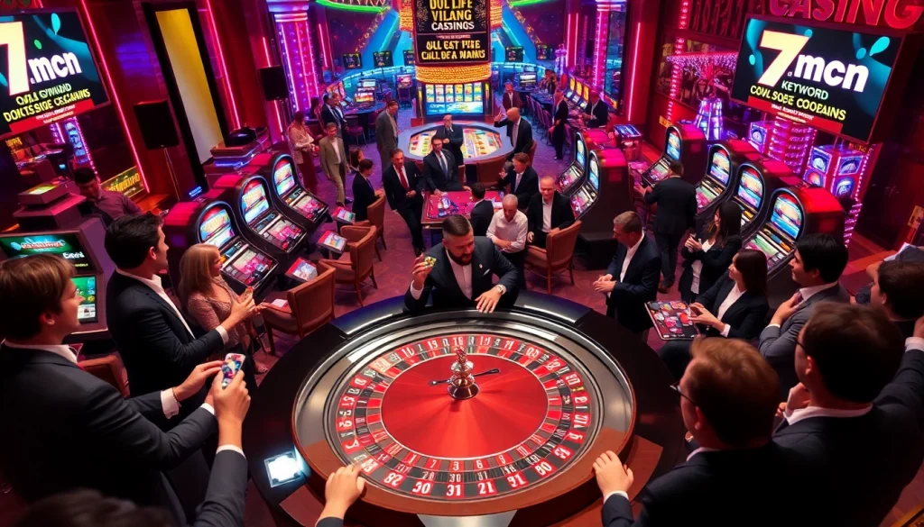 Exciting casino atmosphere featuring 7mcn’s live odds updates with enthusiastic gamblers playing roulette.