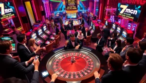 Exciting casino atmosphere featuring 7mcn’s live odds updates with enthusiastic gamblers playing roulette.