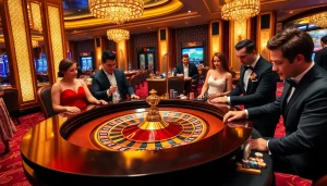 Gamblers enjoying thrilling roulette action at luxury casino luck8.