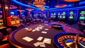 KJC gaming table with poker chips and cards during an exciting casino play.
