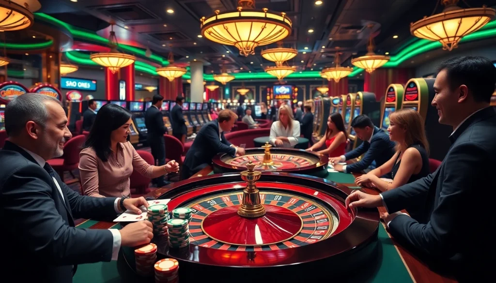 KJC casino scene with players at poker tables and slot machines, emphasizing excitement and luxury.