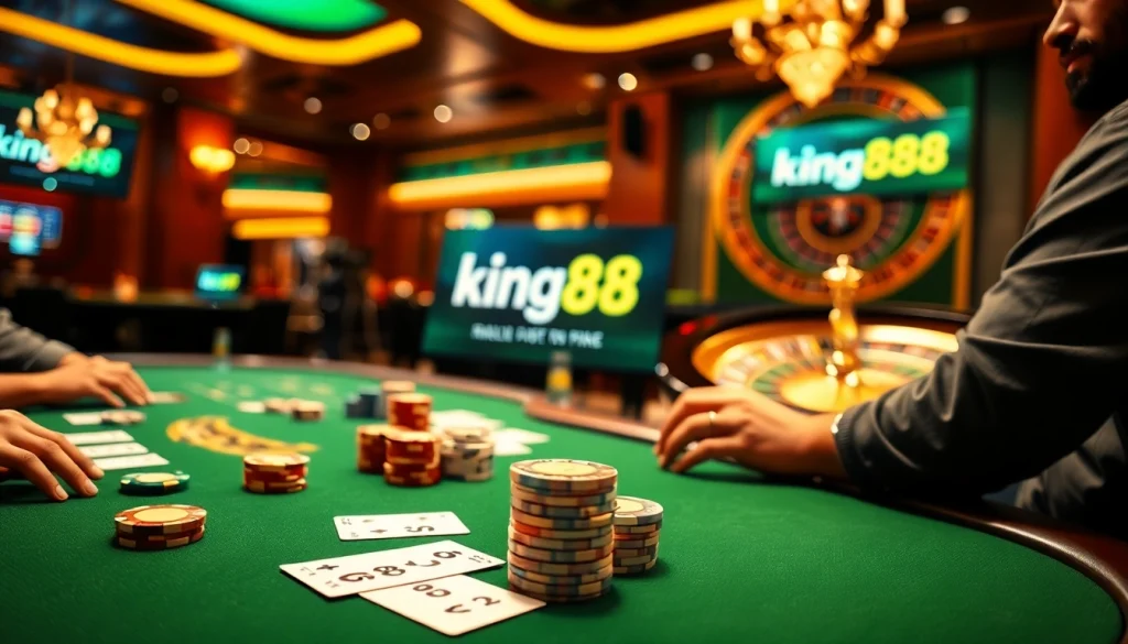 King88 players engaging in an exciting poker game at a luxury casino table.