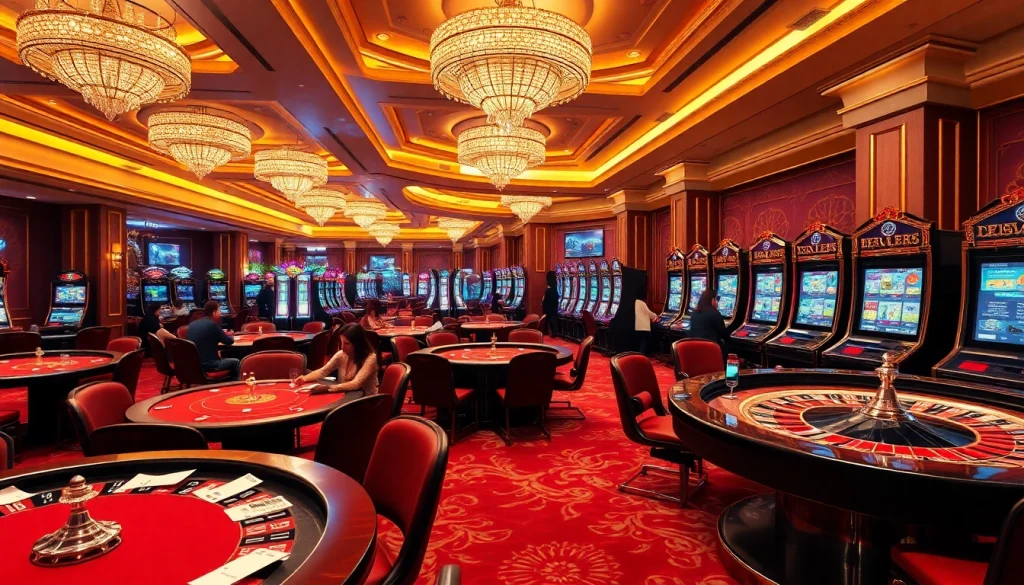 Players enjoying poker and roulette at Lc88 casino, surrounded by vibrant slot machines and luxurious ambiance.