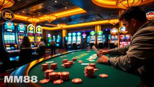 Experience the thrill of gambling at MM88 with vibrant poker tables and dazzling slot machines.