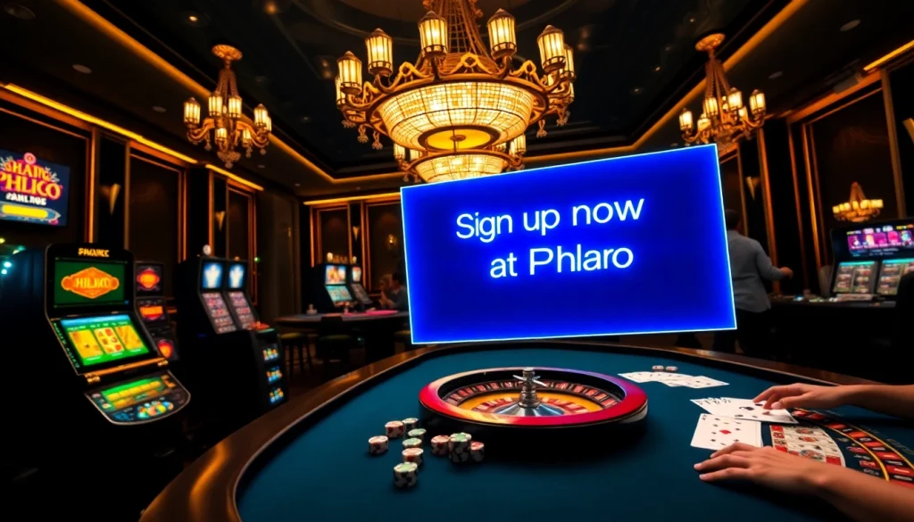 Sign up now at Phlaro for an exciting online gambling experience with vibrant casino visuals.