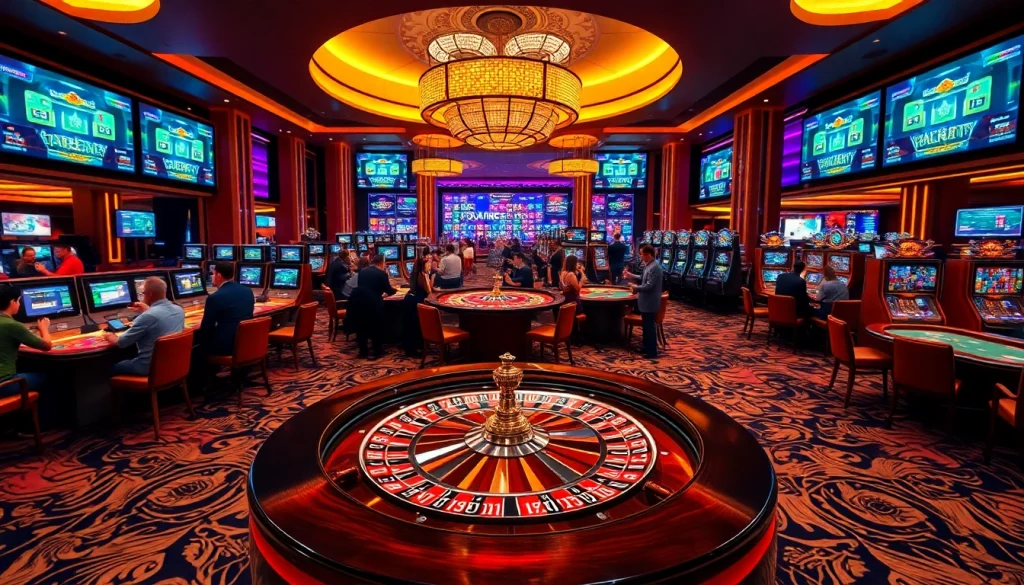 Join the excitement at trang chủ lc88 with enthusiastic gamers at a vibrant casino scene showcasing roulette and poker.