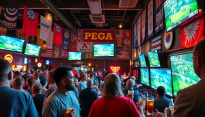 Engaged fans celebrate at a sports bar while discussing online sportsbooks Oklahoma betting opportunities.