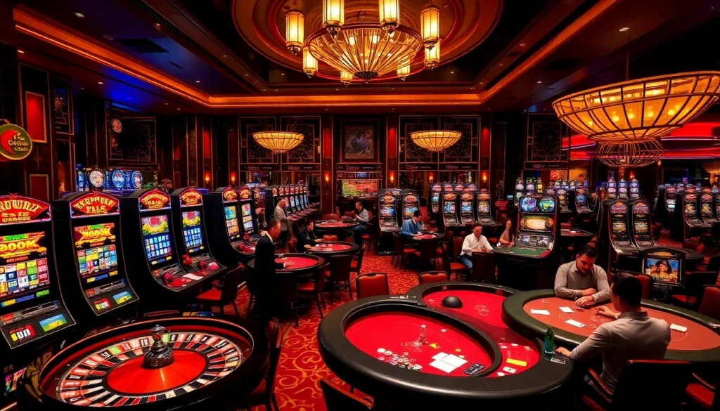 Exciting scene of professional gambling at a nhà cái uy tín casino with roulette tables and engaged players.