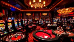 Exciting scene of professional gambling at a nhà cái uy tín casino with roulette tables and engaged players.