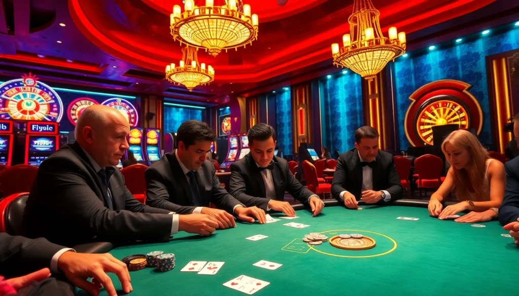 Experience the thrilling atmosphere of vn168 as players engage in high-stakes poker at a luxurious casino table.