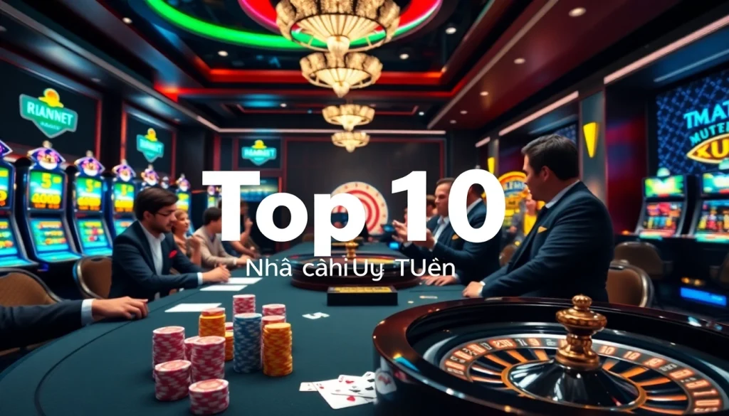 Engaging gambling scene illustrating Top 10 Nhà Cái Uy Tín with roulette wheel and poker chips.