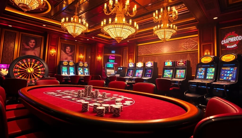 Engaging casino scene with SN888 poker table and vibrant slot machines, capturing excitement.