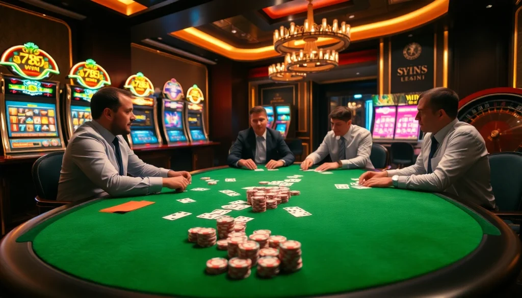 A thrilling casino scene featuring poker players at the table, symbolizing the excitement of 789 win.