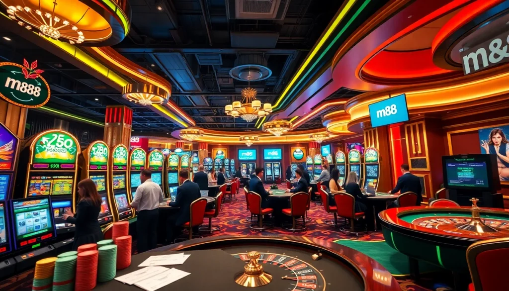 Excited players engaging with m88 slot machines in a luxurious casino setting, showcasing vibrant gaming atmosphere.