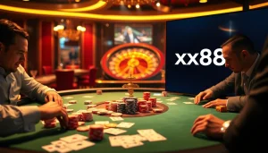 Players enjoying intense poker action at xx88 casino table with vibrant lights.