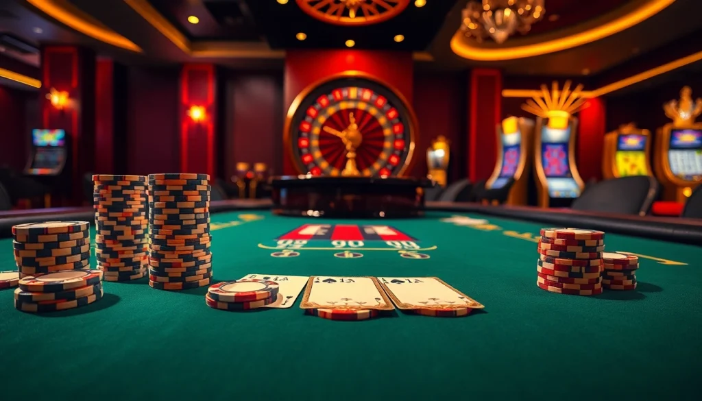 Experience luxury and excitement in gambling at https://www.6l777.vip/ with stacked poker chips and a roulette wheel.