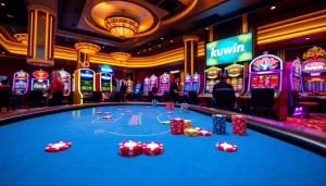 A vibrant casino scene featuring a poker table and slot machines, highlighting kuwin.com as an online gambling destination.