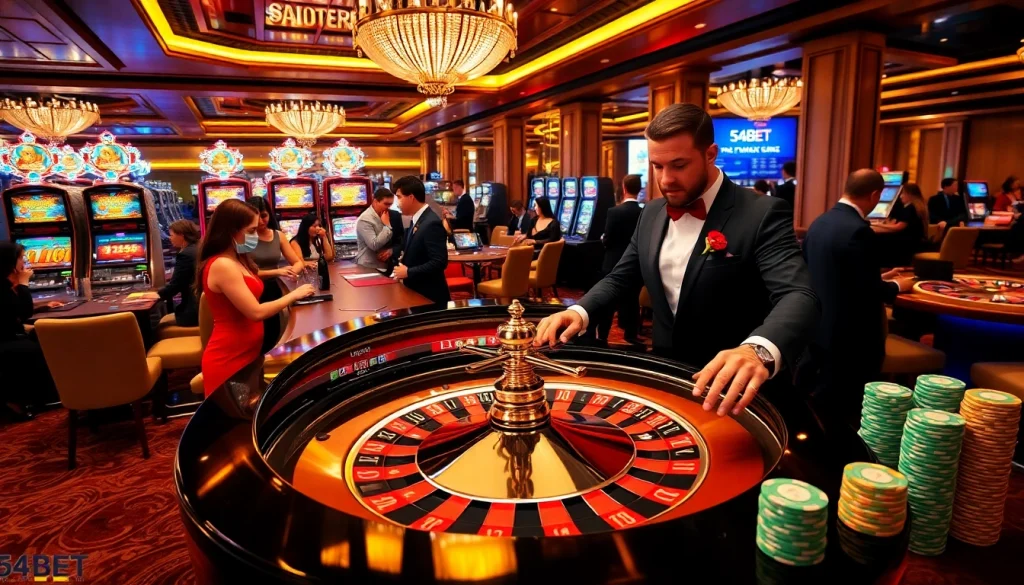 Experience the thrilling atmosphere of 54BET casino with vibrant roulette and excited players.