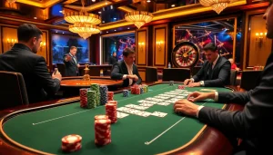 Exciting poker scene at tg88.com showcasing vibrant chips and intense players.